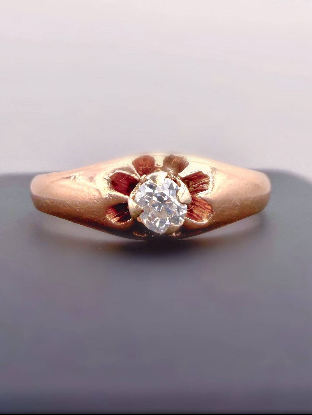 14k Rose Gold Belcher Set Victorian Prong Natural Diamond Flower Engagement